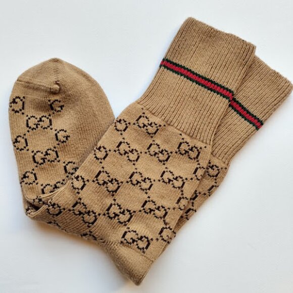 Gucci Other - GUCCI | Web Stripe Camel Brown GG Logo Jacquard Knit Calf Socks Unisex Pre-Owned